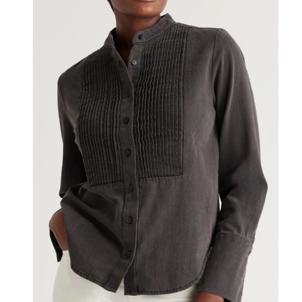 Quince Distressed Denim Pintuck Pleated Tuxedo Shirt L